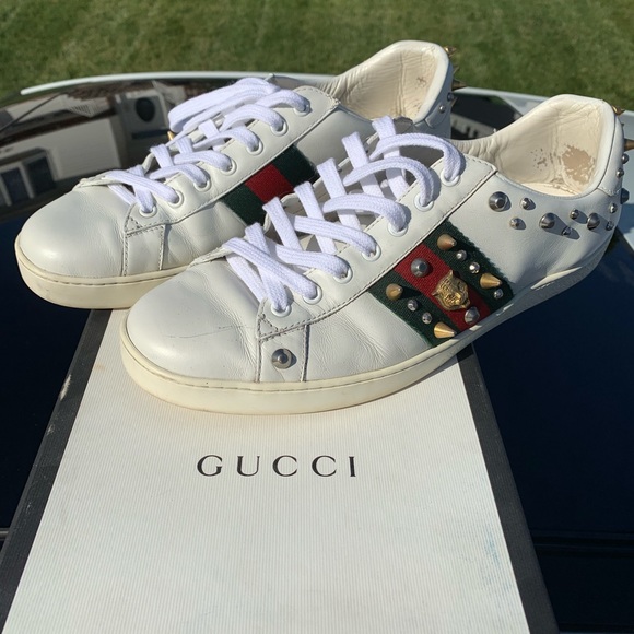 Gucci Sneakers White with Web and Studs - Size 9 - Picture 1 of 8